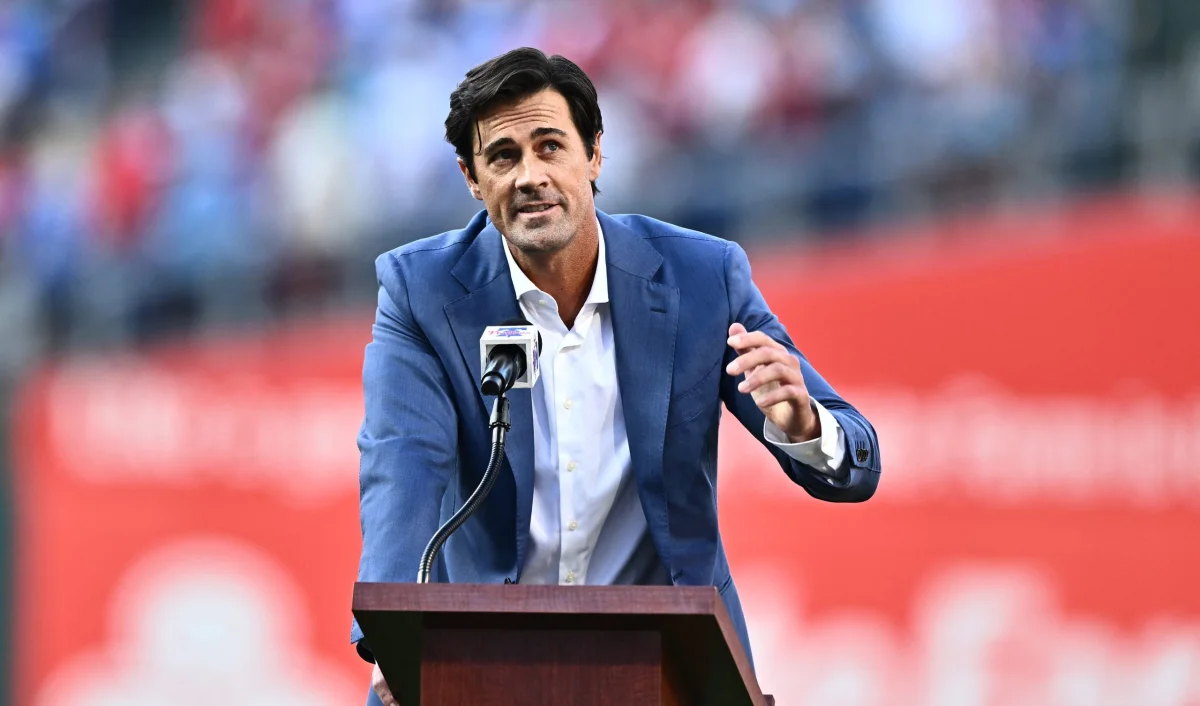 Former Philadelphia Phillies star pitcher Cole Hamels addresses the crowd. Credit: Kyle Ross-USA TODAY Sports