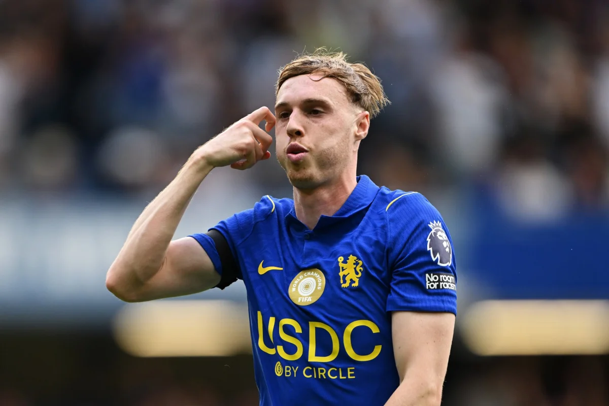 Cole Palmer of Chelsea celebrates scoring their fourth goal during the Premier League match against Brighton & Hove Albion.