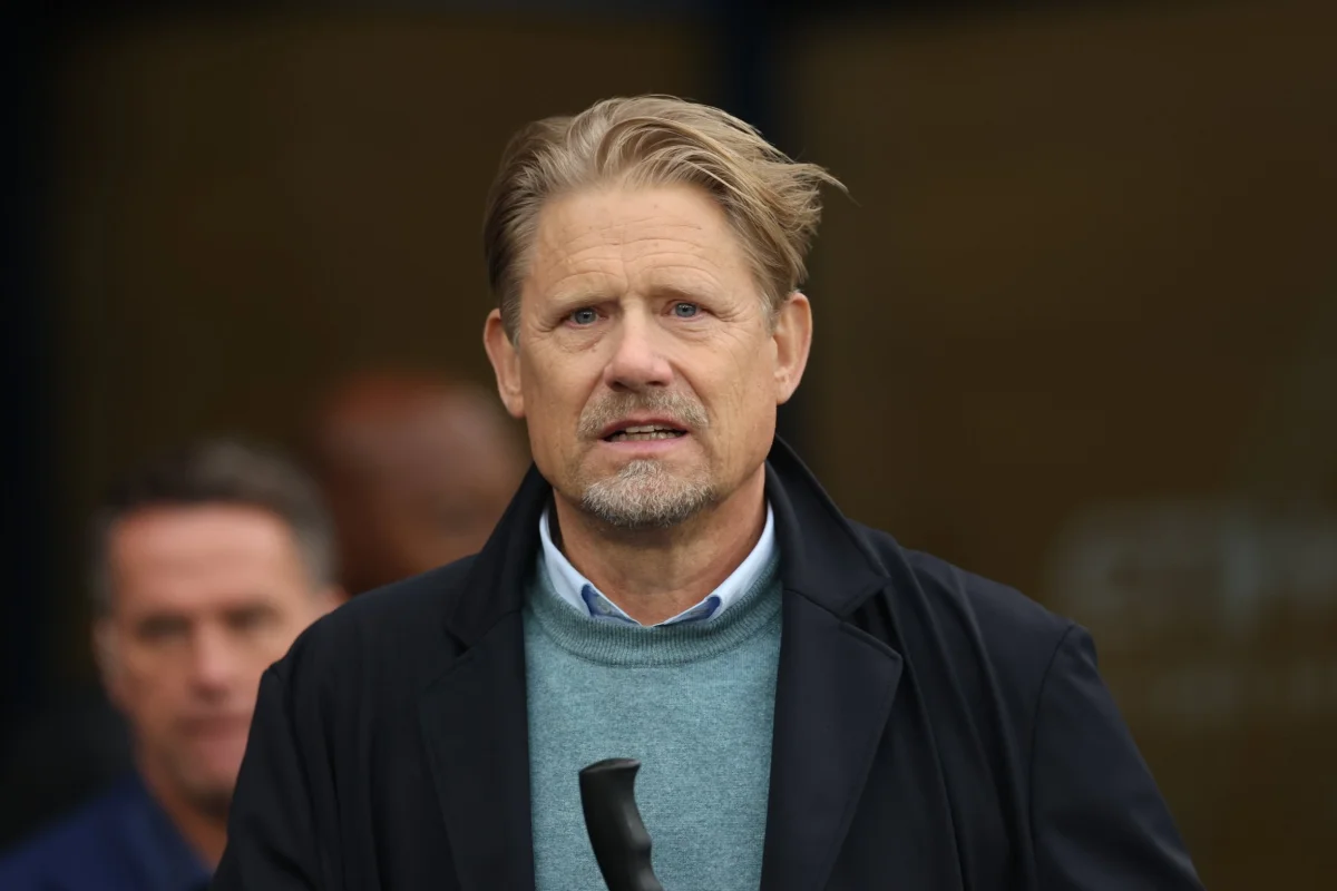 MANCHESTER, ENGLAND - SEPTEMBER 14: Peter Schmeichel looks on prior to the Premier League match between Manchester City and Manchester United at Etihad Stadium on September 14, 2025. (Photo by Carl Recine/Getty Images)