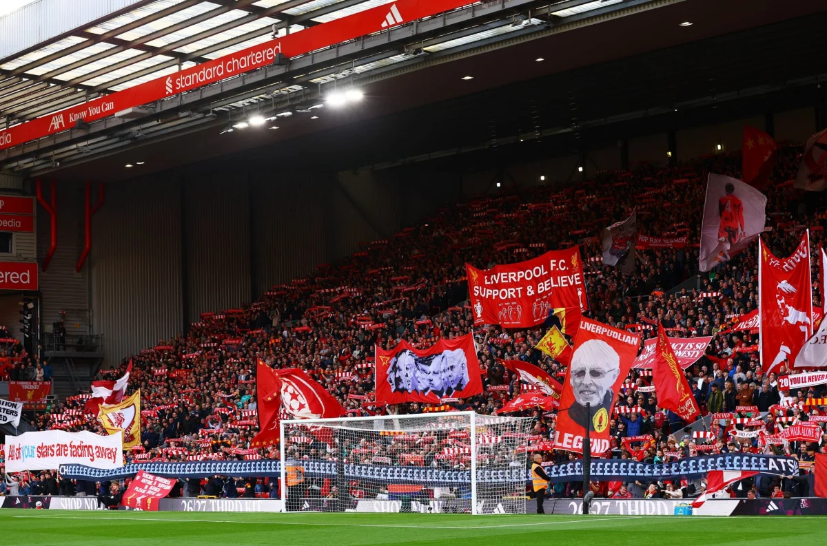 Liverpool fans display a banner ahead of the match at Anfield against Manchester City