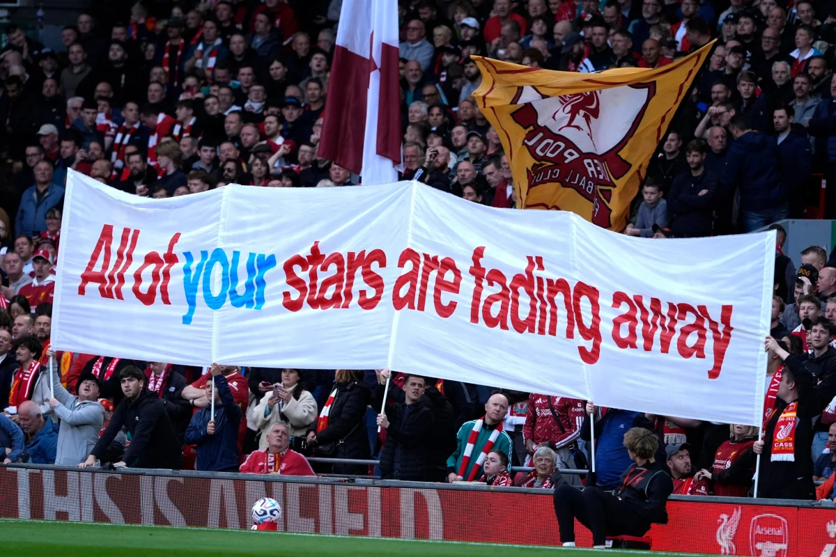 Liverpool fans hold up a large banner with the words 'All of your stars are fading away' before the Premier League match at Anfield, Liverpool. Picture date: Sunday October 11, 2026. PA Photo. Photo credit should read: Peter Byrne/PA Wire. RESTRICTIONS: EDITORIAL USE ONLY No use with unauthorised audio, video, data, fixture lists, club/league logos or "live" services. Online in-match use limited to 120 images, no video emulation. No use in betting, games or single club/league/player publications.