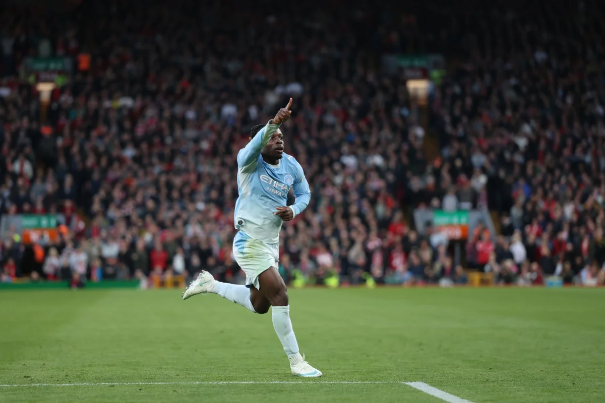LIVERPOOL, ENGLAND - OCTOBER 11: Jeremy Doku of Manchester City celebrates his goal during the Premier League 2026/27 match between Liverpool FC and Manchester City at Anfield on October 11, 2026 in Liverpool, England. (Photo by Michael Regan/Getty Images)