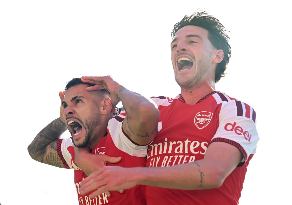 LONDON, ENGLAND - OCTOBER 10: Bruno Guimaraes of Arsenal celebrates scoring his team???s second goal with teammate Declan Rice during the Premier League 2026/27 match between Arsenal FC and Leeds United at Emirates Stadium on October 10, 2026 in London, England. (Photo by David Price/Arsenal FC via Getty Images) *** BESTPIX ***
