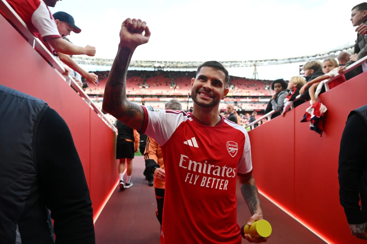 LONDON, ENGLAND - OCTOBER 10: Bruno Guimaraes of Arsenal celebrates after the Premier League 2026/27 match between Arsenal FC and Leeds United at Emirates Stadium on October 10, 2026 in London, England. (Photo by Stuart MacFarlane/Arsenal FC via Getty Images)