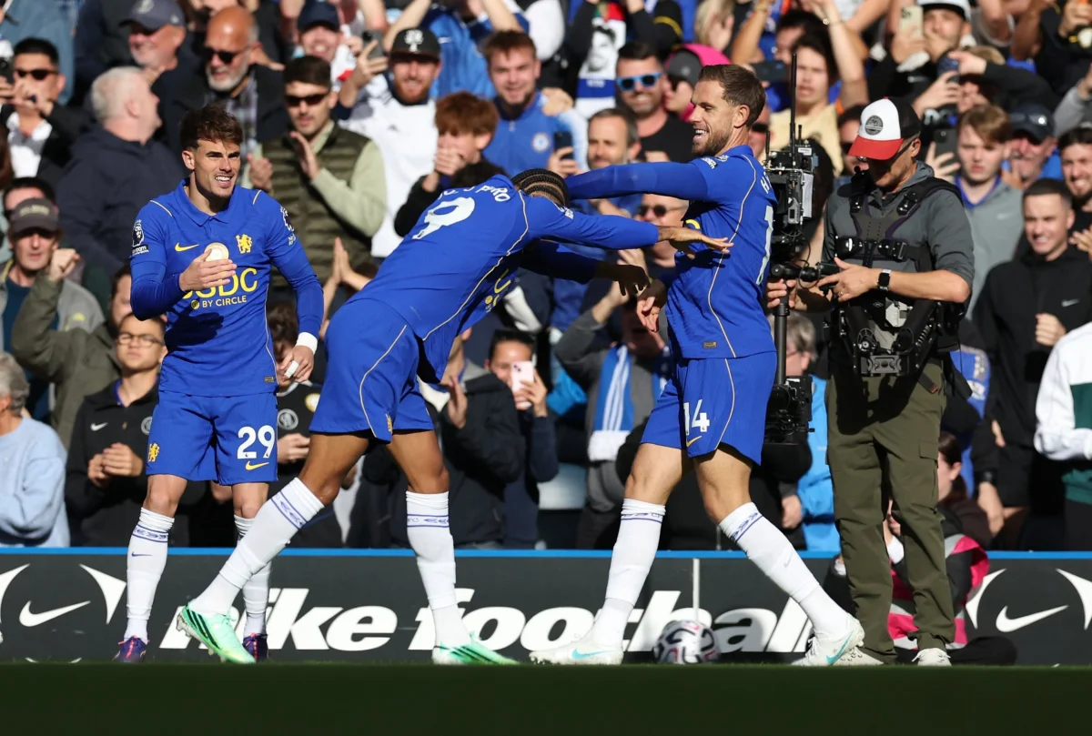Chelsea players celebrate a goal against Bournemouth.