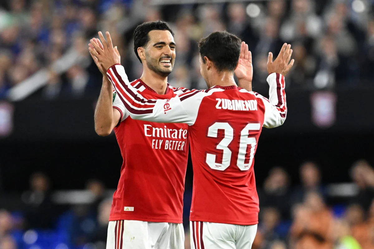IPSWICH, ENGLAND - SEPTEMBER 15: Mikel Merino of Arsenal celebrates scoring his team???s fourth goal with Martin Zubimendi during the Carabao Cup Third Round match between Ipswich Town and Arsenal at Portman Road on September 15, 2026 in Ipswich, England. (Photo by Stuart MacFarlane/Arsenal FC via Getty Images)