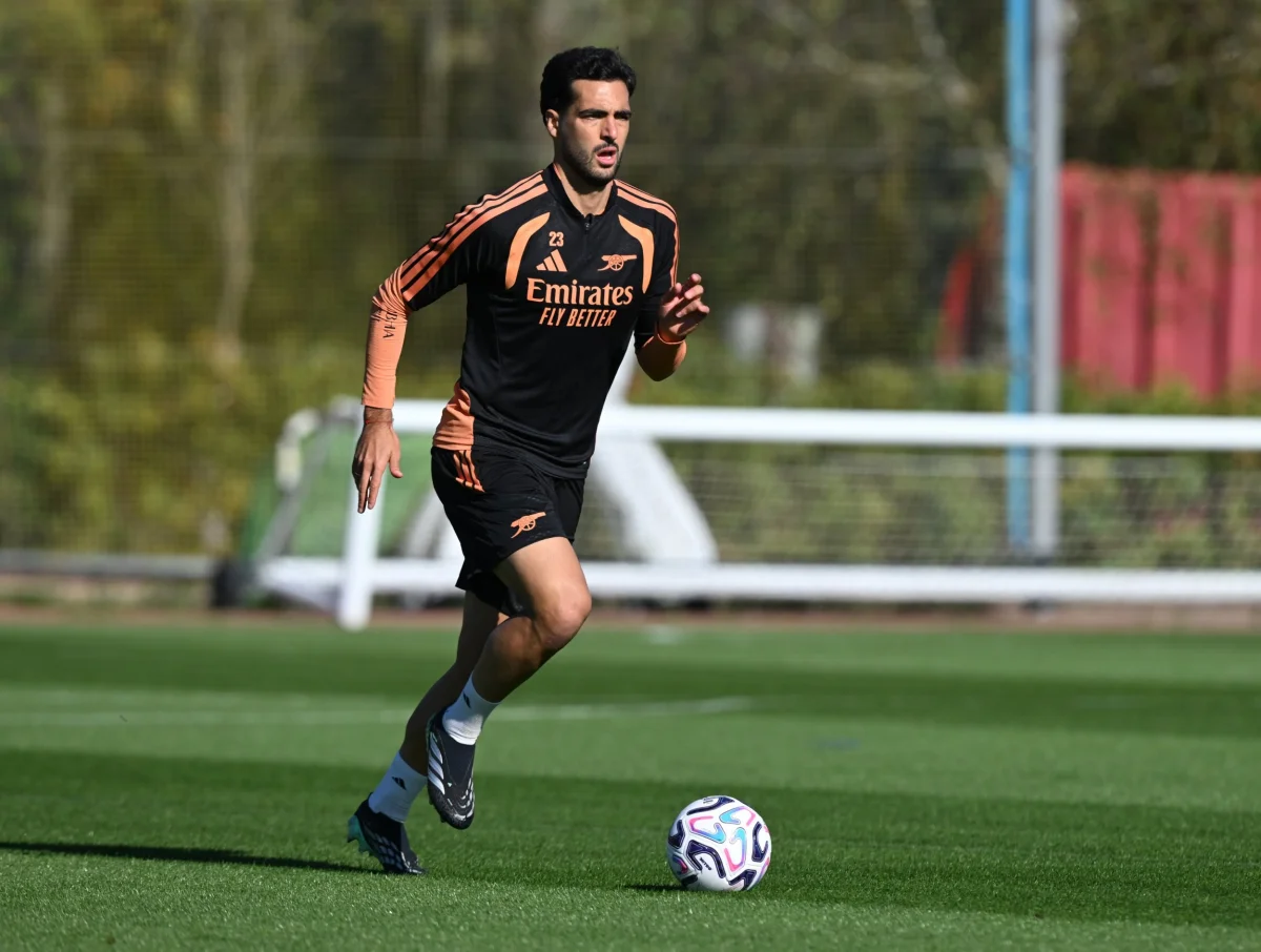 LONDON COLNEY, ENGLAND - OCTOBER 08: Mikel Merino of Arsenal during a training session at Sobha Realty Training Centre on October 08, 2026 in London Colney, England. (Photo by Stuart MacFarlane/Arsenal FC via Getty Images)